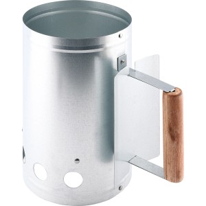 Grillanzündkamin aus Metall mit Holzgriff für Holzkohle und Briketts.