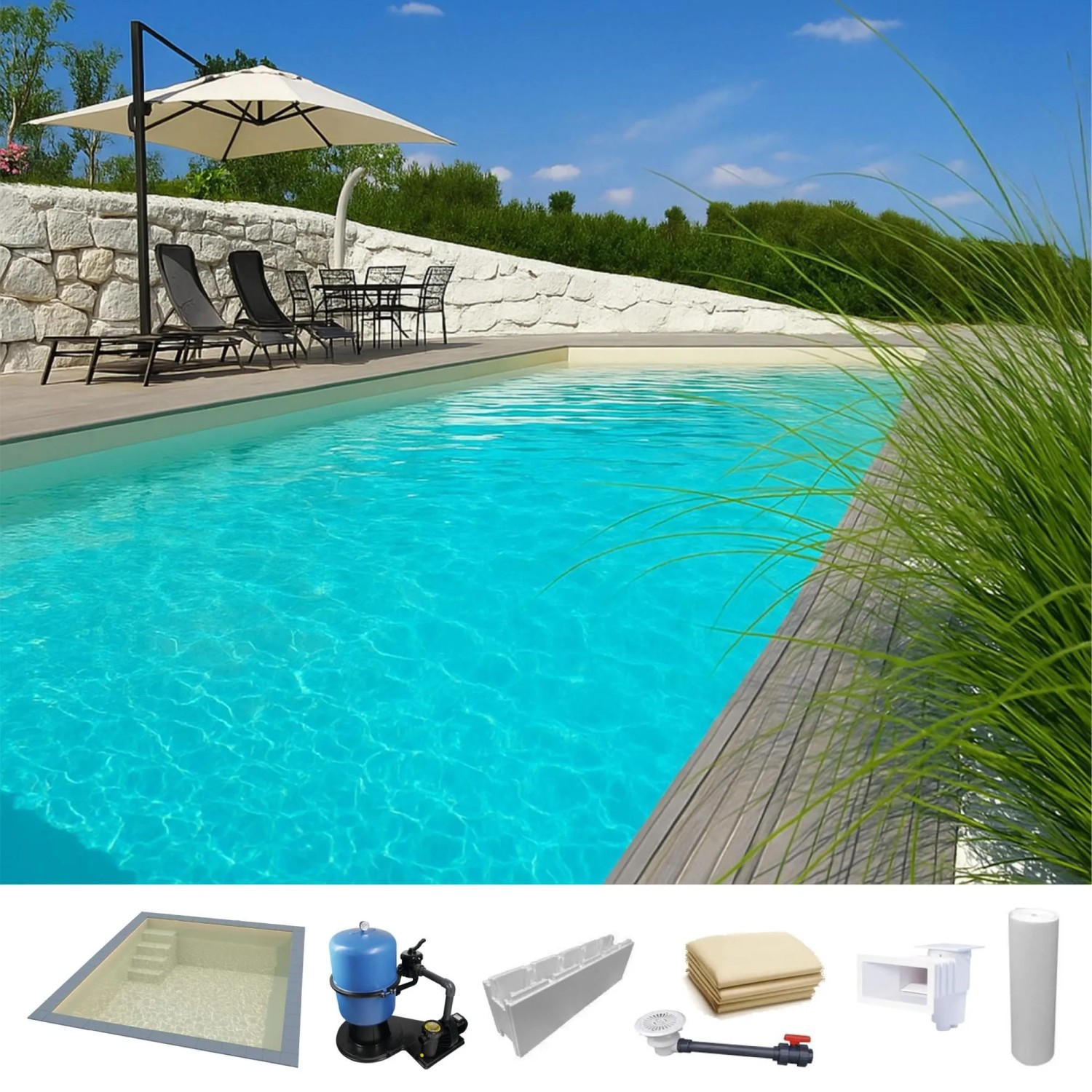 KWAD Styropor Pool Easy mit Gerader Treppe Links 7 x 3,5 x 1,5 m Sand