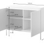 Selsey Sideboard Bemmi, schwarz, mit goldenen Beinen. Offene Ansicht der 4 Fächer und Maße 100x77x35 cm. Griffloses Design.