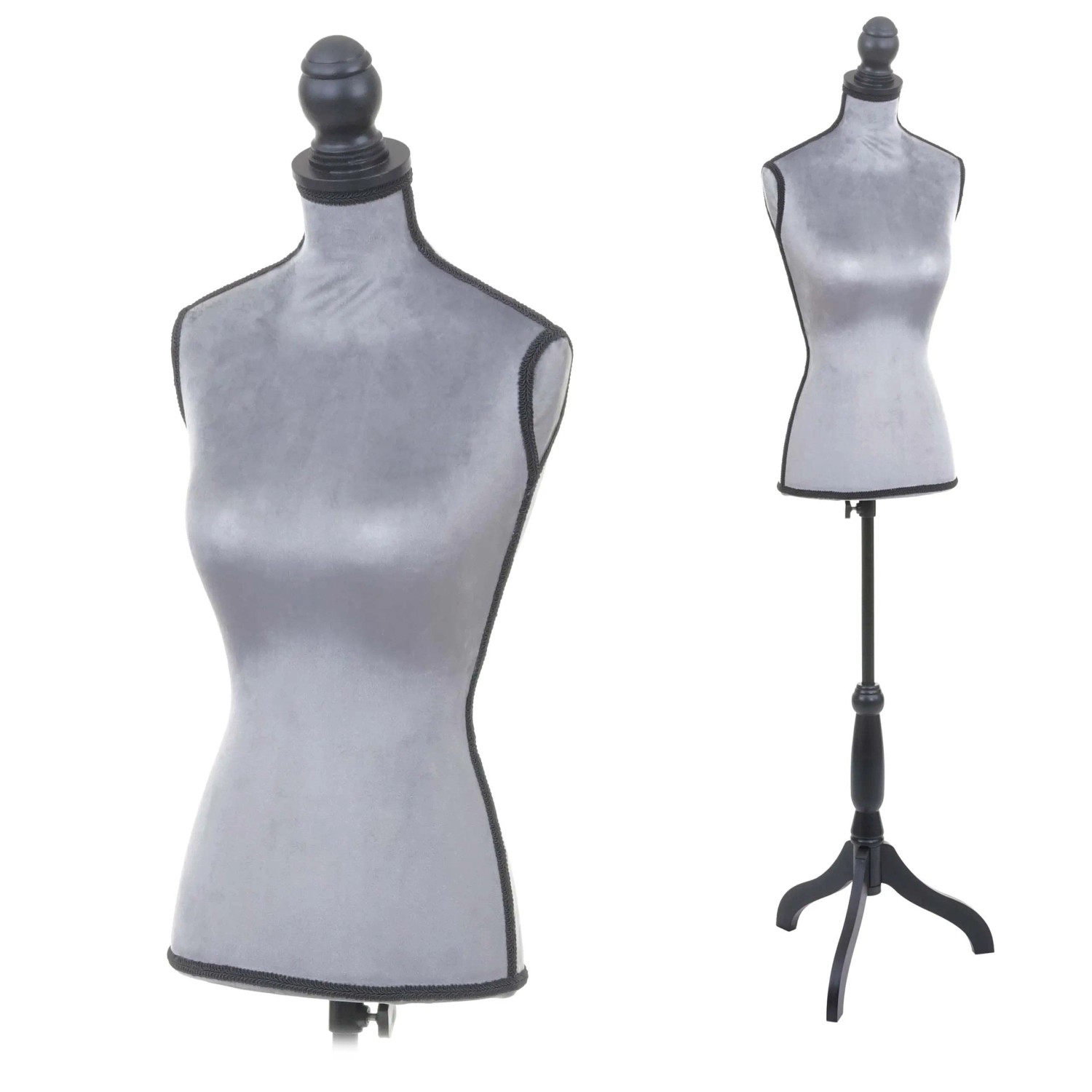 MCW Schneiderpuppe T220: Weiblicher Torso aus grauem Samt, höhenverstellbar, mit schwarzem Holzdreibein.