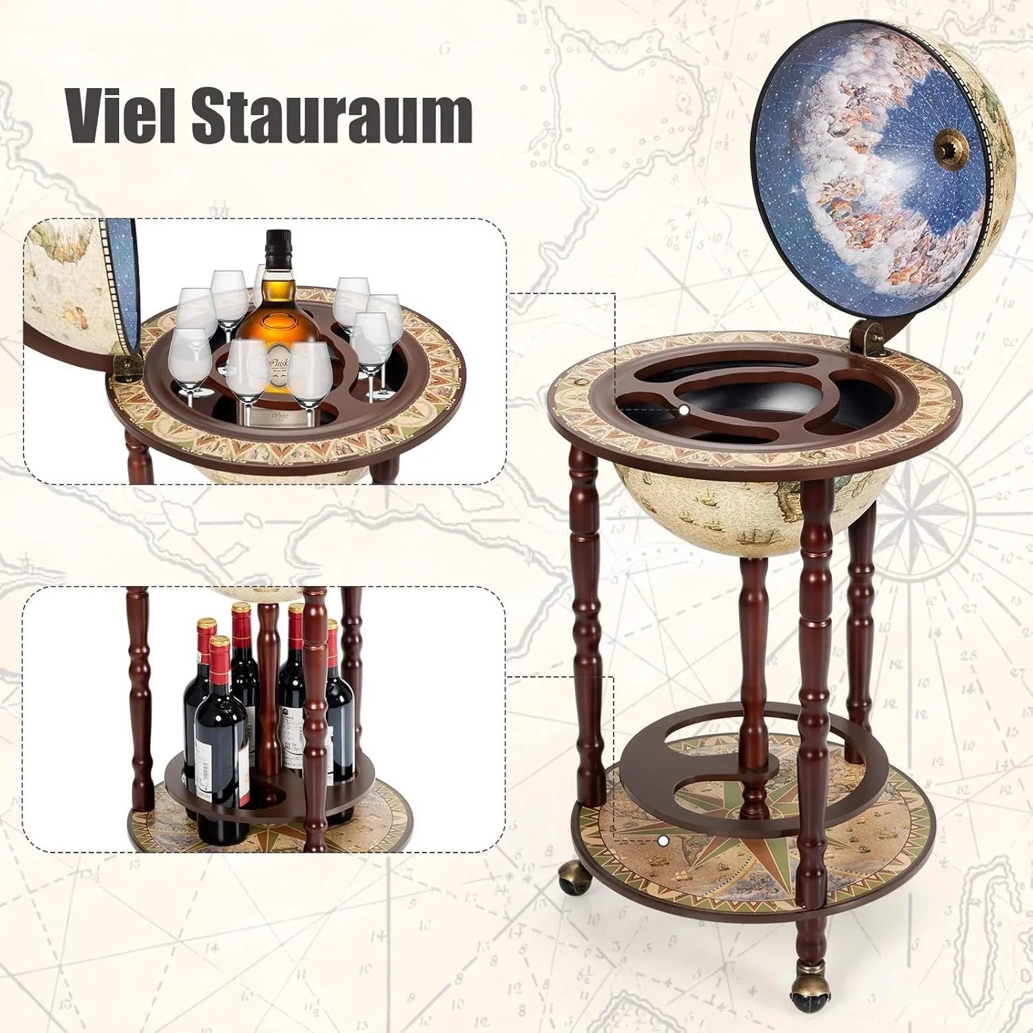 Costway Globusbar Barwagen Hausbar Servierwagen mit Rollen Beige_5