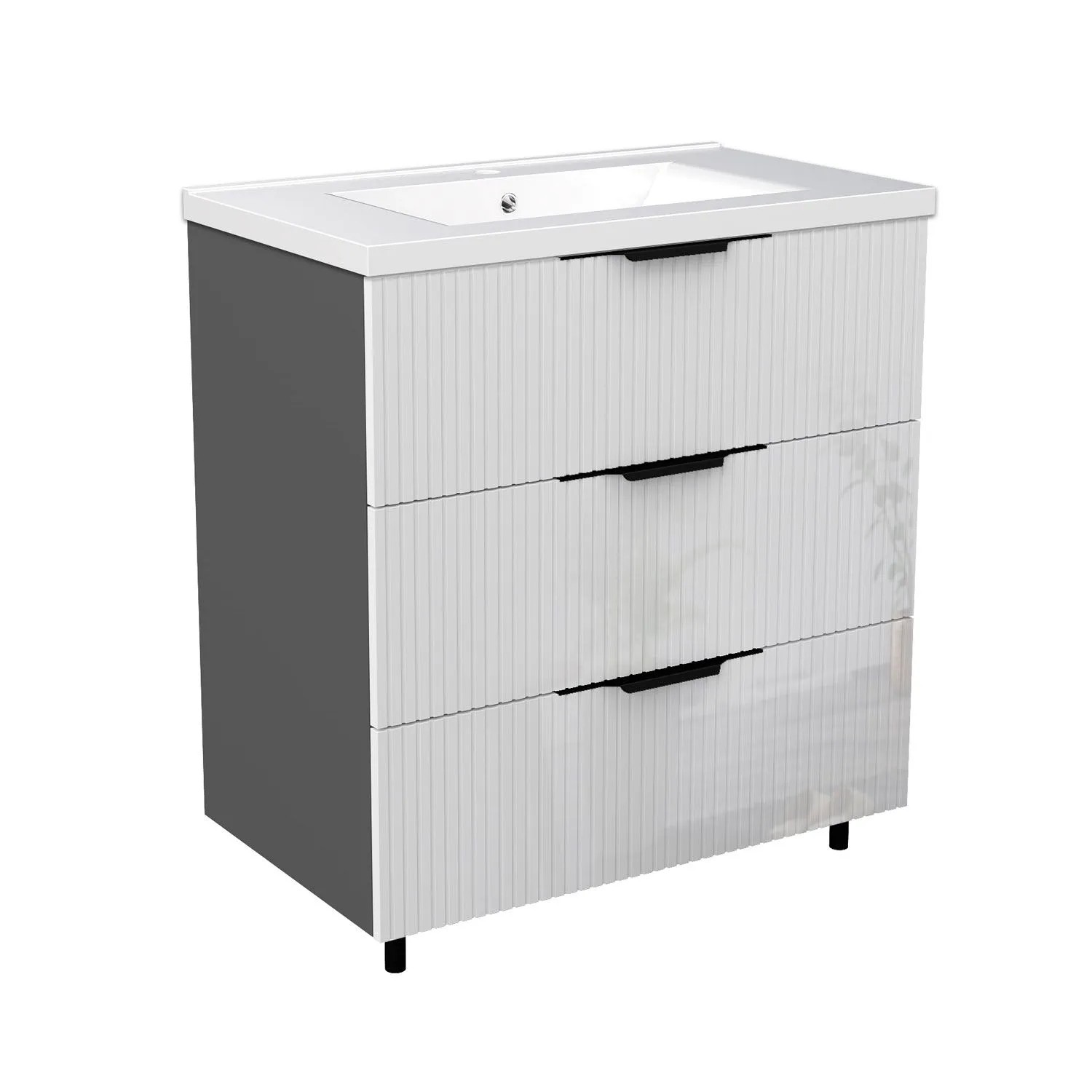 Duschspa Waschbeckenunterschrank mit Einbaubecken LYMOR 80 cm Softclose Griffen 3 Schubladen