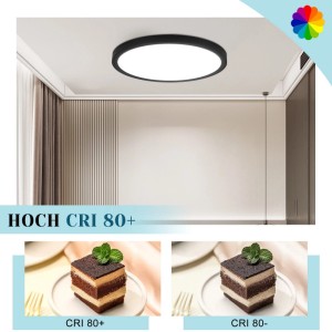 Schwarze, runde NETTLIFE LED Deckenleuchte (L30cm) aus Kunststoff an weißer Decke. Ideal für Bad & Küche. Zeigt Farbwiedergabe CRI 80+.
