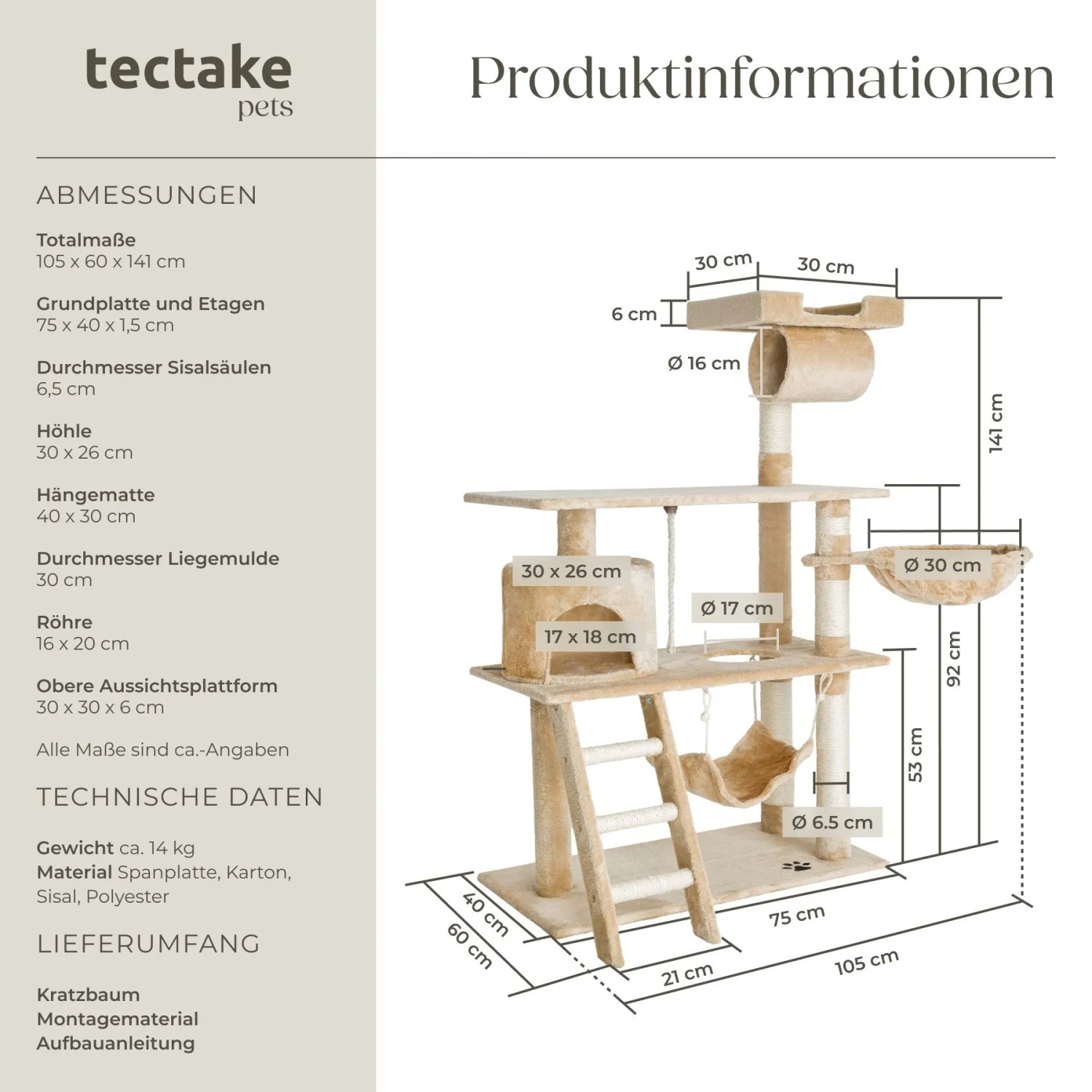Beiger Tectake Kratzbaum Marcel, 141 cm hoch, mit Sisal, Liegemulde, Hängematte und Katzenhaus.