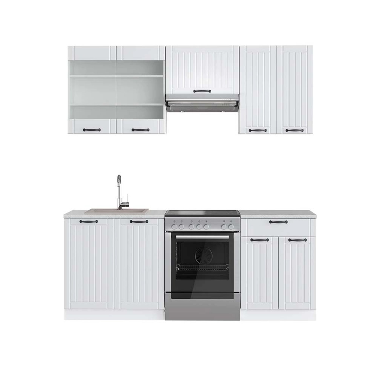 Vicco Fame-Line Küchenzeile Weiß Landhaus/Weiß 200 cm AP Marmor günstig online kaufen