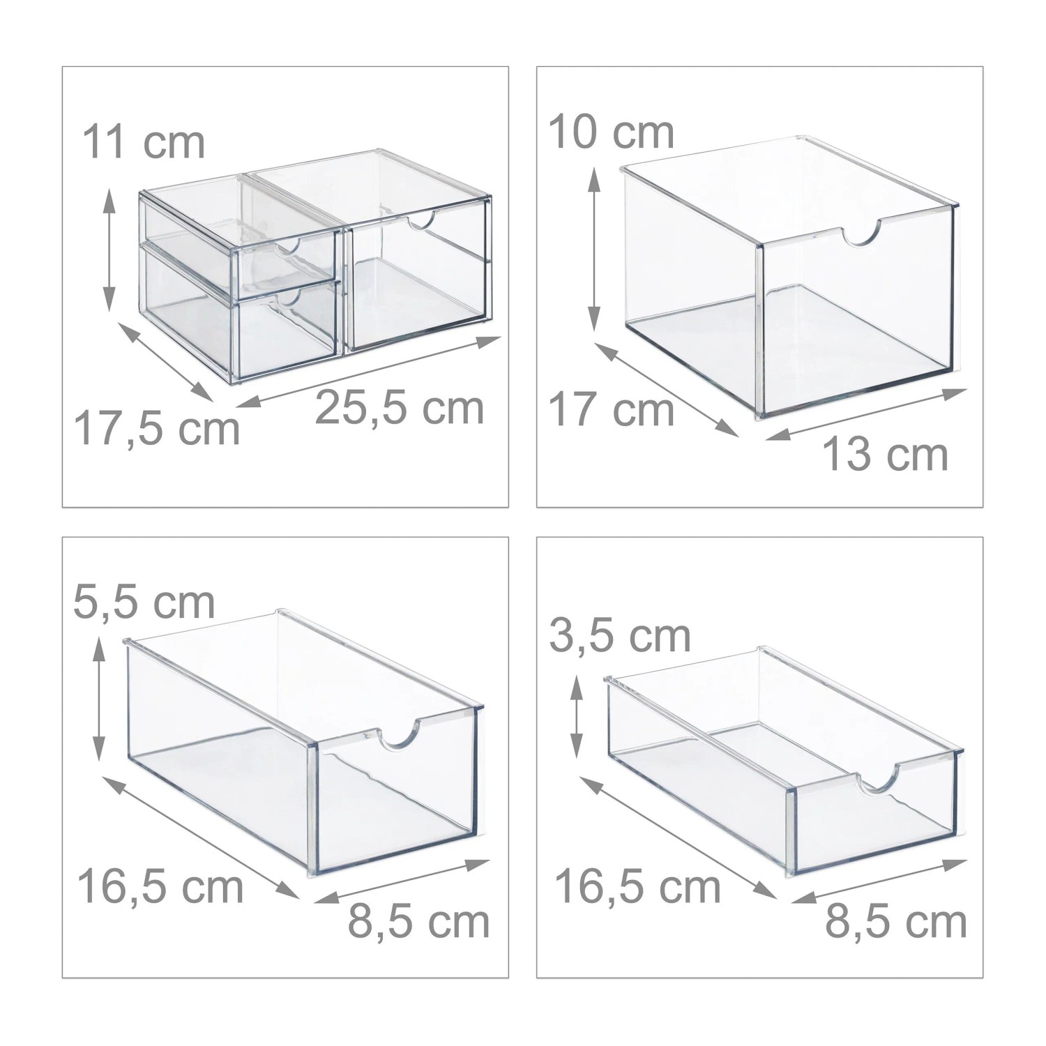 Vier Ansichten des transparenten Kunststoff Make Up Organizers mit 3 Schubladen. Maße der einzelnen Schubladen für Kosmetik Aufbewahrung.
