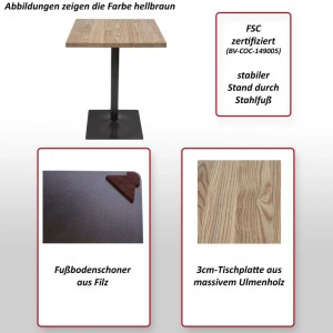 Quadratischer Bistrotisch aus hellem Ulmenholz mit schwarzem Stahlfuß, stabil, FSC-zertifiziert, für Gastronomie.