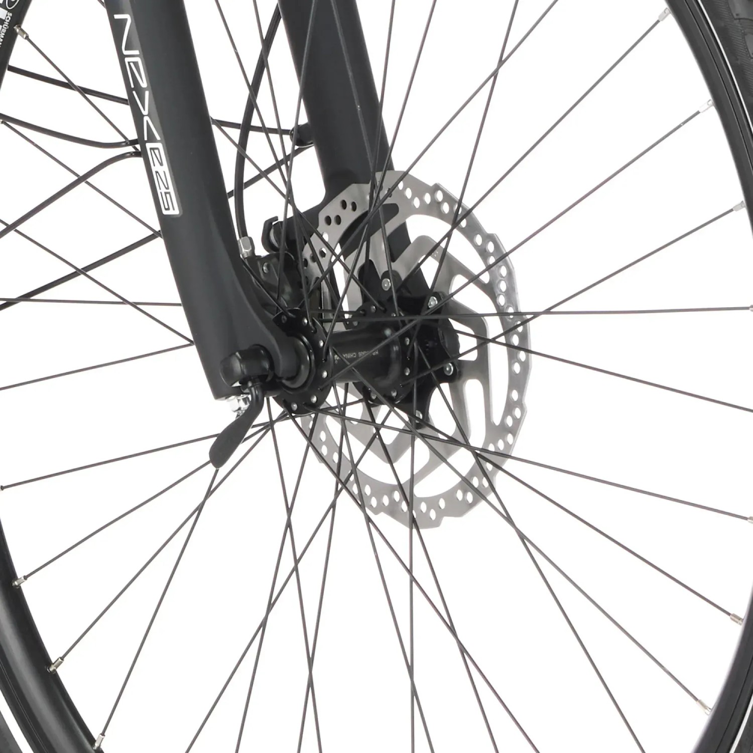 Detailaufnahme Vorderrad mit Scheibenbremse am Fischer E-Bike Viator 5.0i.