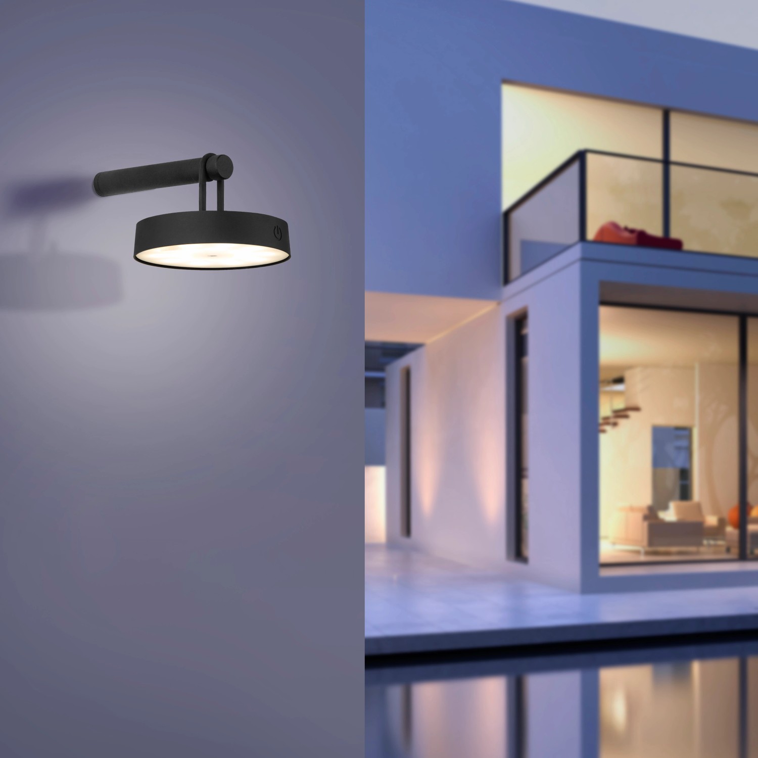 Schwarze LED-Akku-Wandleuchte Arma von Just Light, ideal als Außen-Dekoleuchte für Balkon und Terrasse.