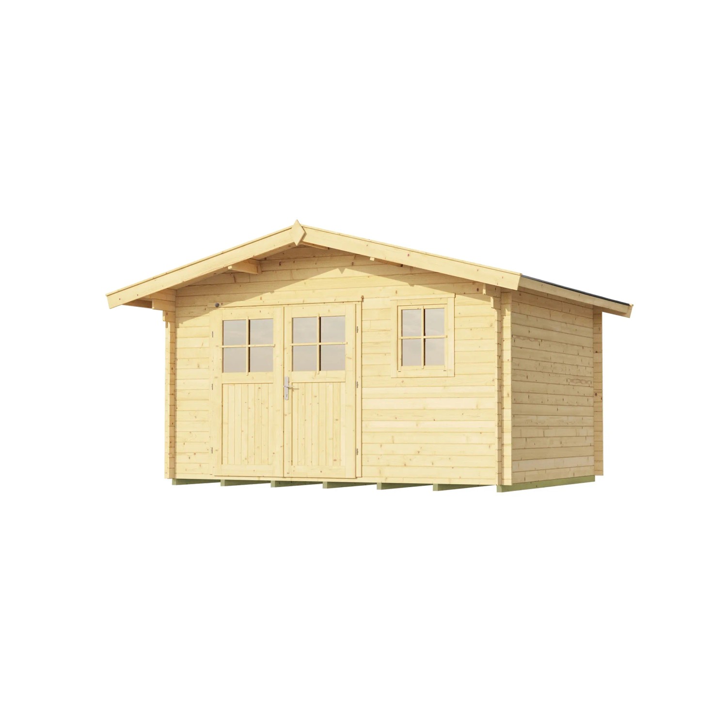 Weka Holz-Gartenhaus mit Satteldach, unbehandelt, mit Doppeltür und Fenster.