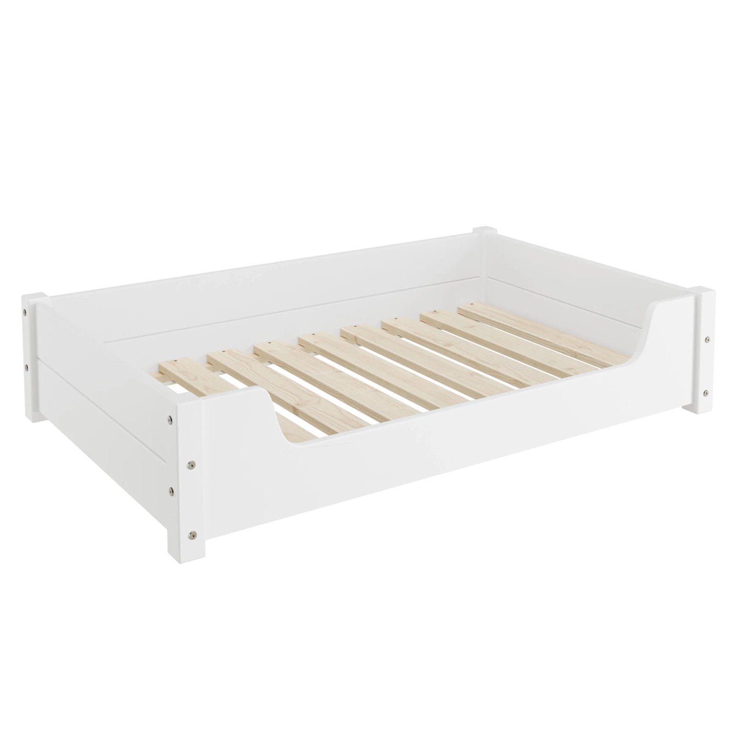 Weißes Hundebett aus Kiefernholz mit Rollrost, geeignet für große Hunde. Tierbett aus Holz.
