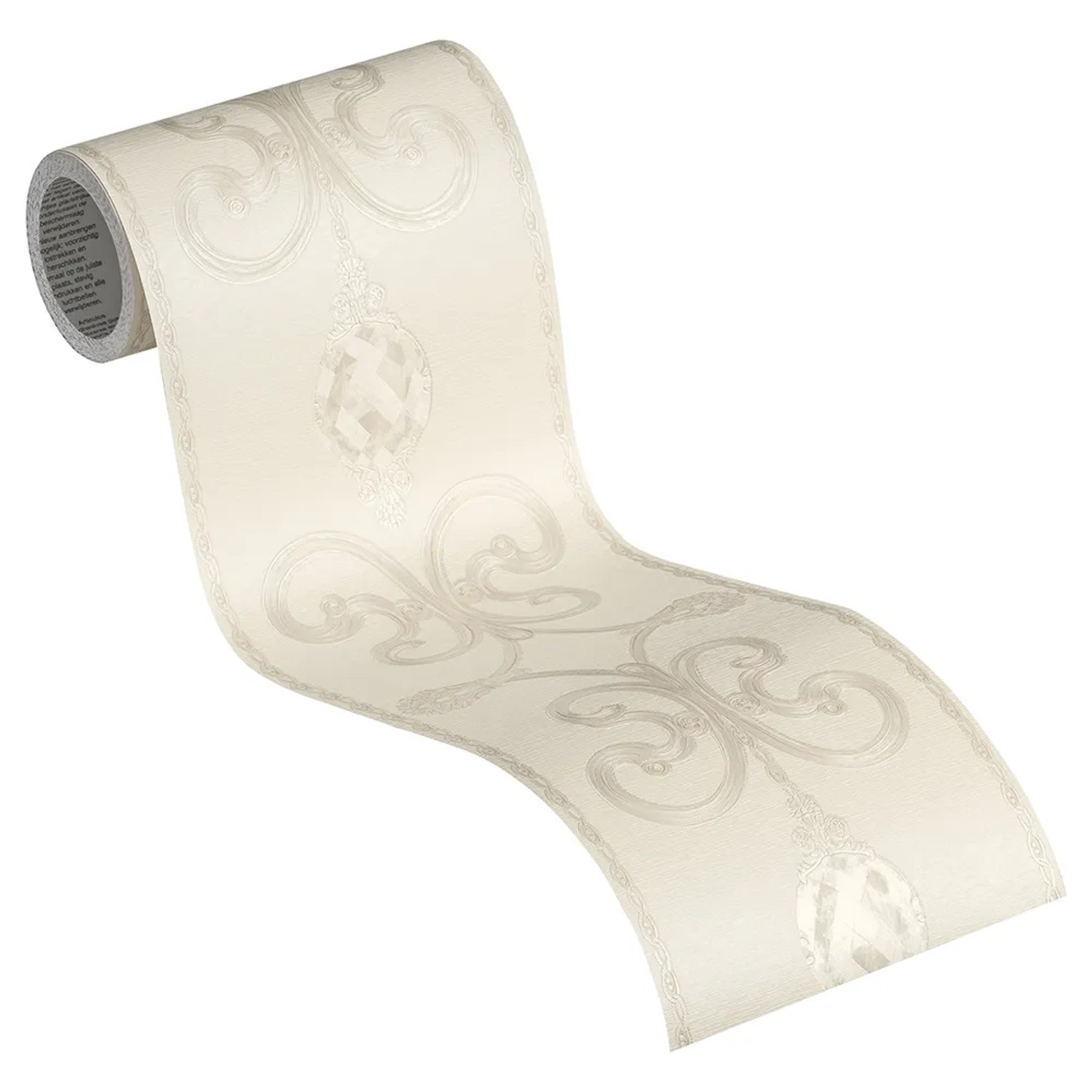 A.S. Création selbstklebende Borte Ornament Creme-Silber, 5m Rolle.
