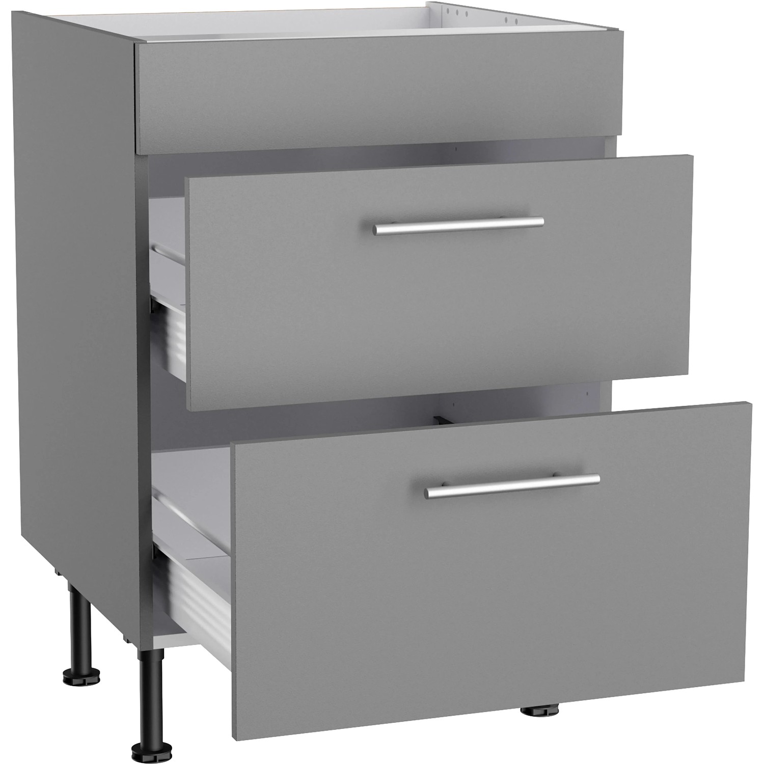 Optifit Unterschrank für Kochfeld, Basaltgrau, 60 cm breit, mit 2 Auszügen und Edelstahlgriffen.
