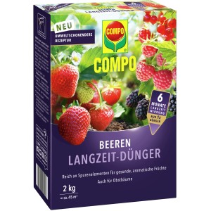 Compo Beeren Langzeit-Dünger 2kg Packung mit Erdbeeren, Himbeeren und Johannisbeeren.