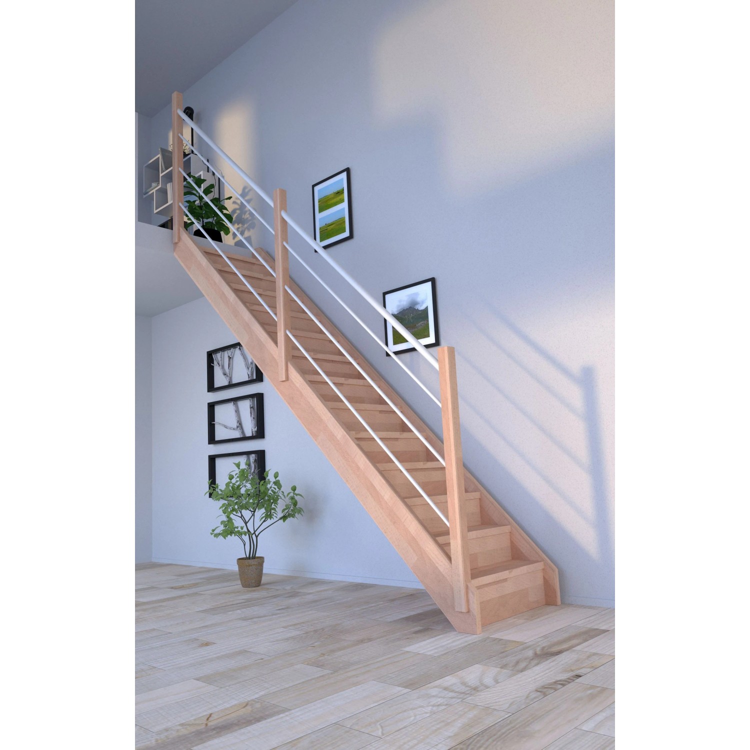 Helle Holztreppe Mykonos Pro Buche mit weißem Holz-Edelstahl-Geländer und Setzstufen im Innenraum.