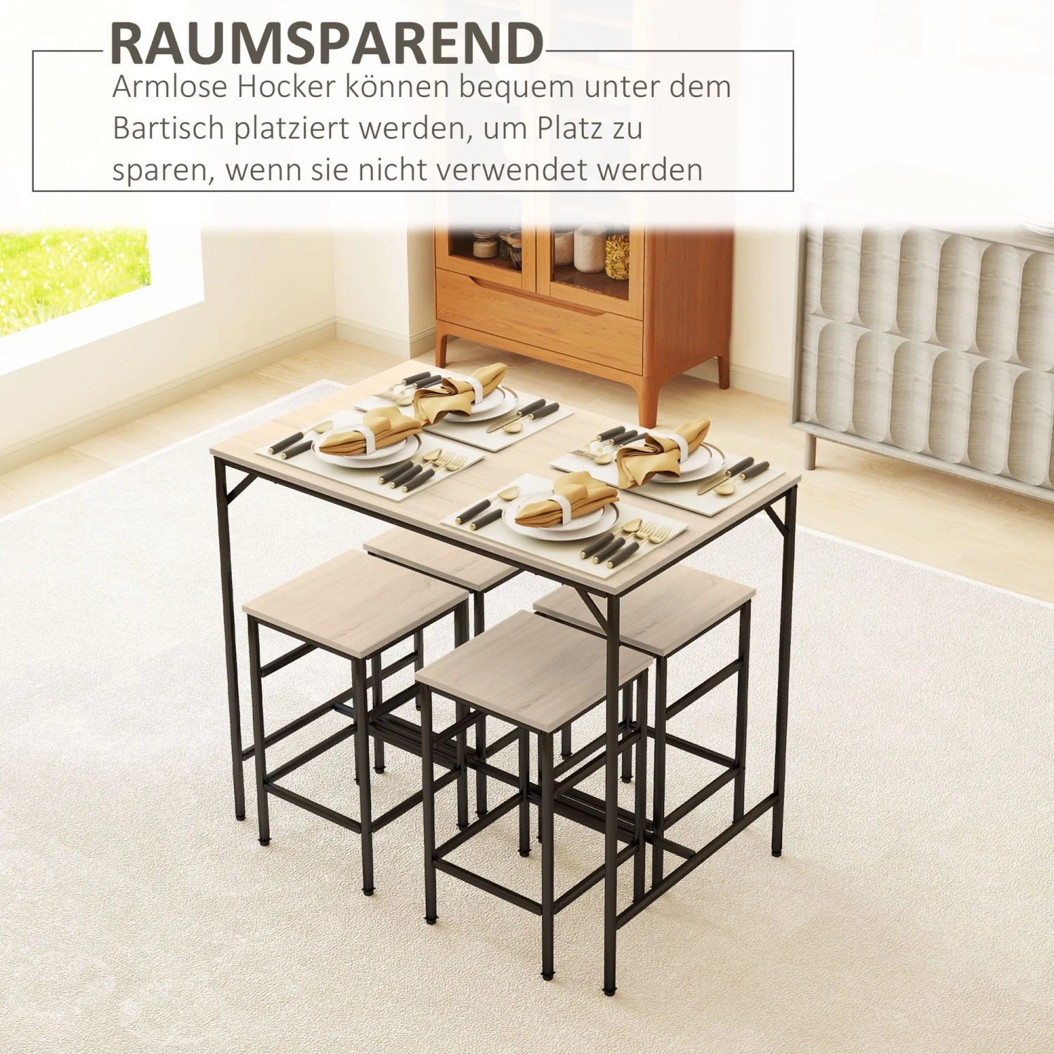 HOMCOM 5-teiliges Bartisch-Set Eiche Schwarz. Heller Holztisch, schwarzes Metallgestell, 4 passende Hocker platzsparend verstaut.