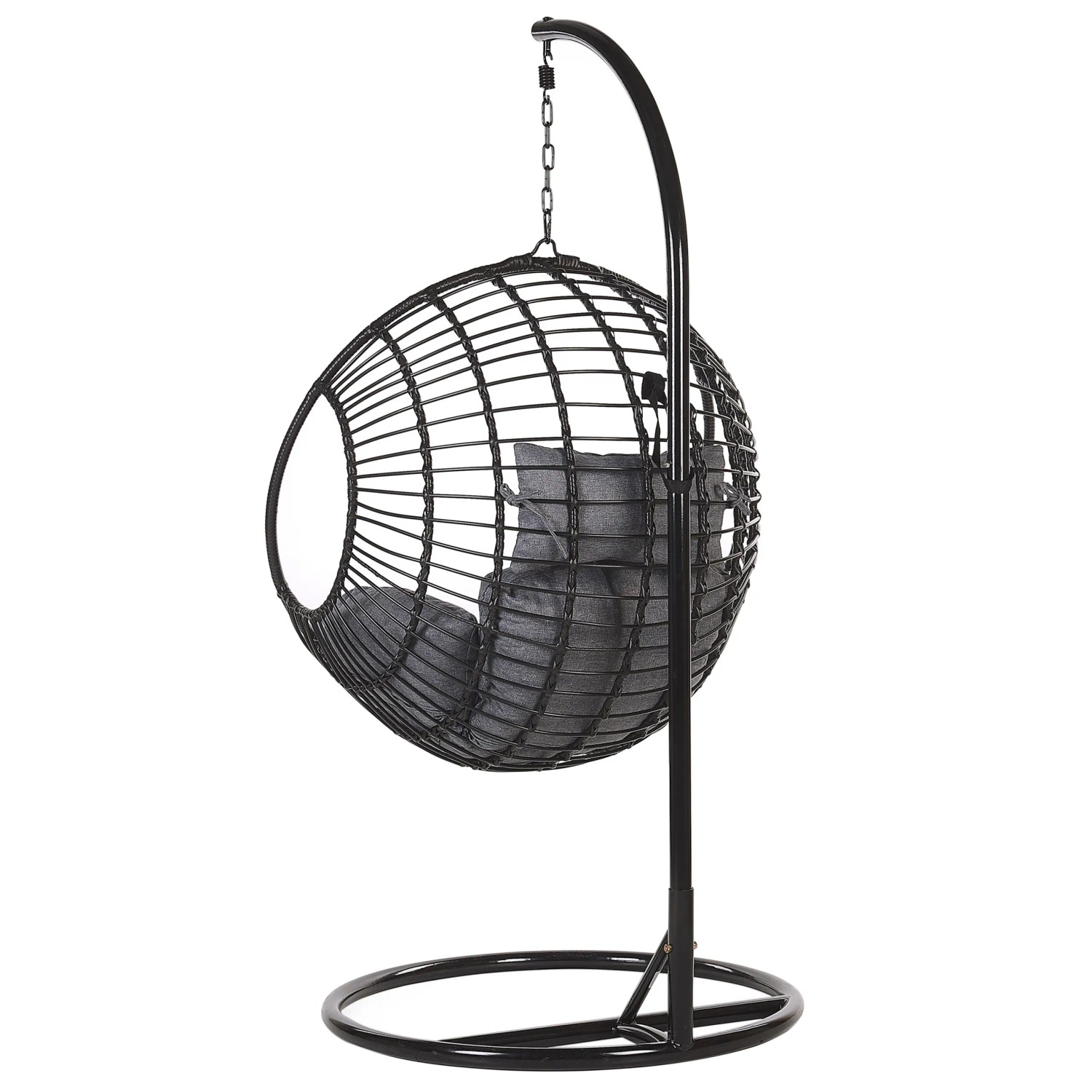 Beliani Hängesessel, schwarz-grau, mit Stahlgestell und Polyrattan-Korb inklusive Kissen.