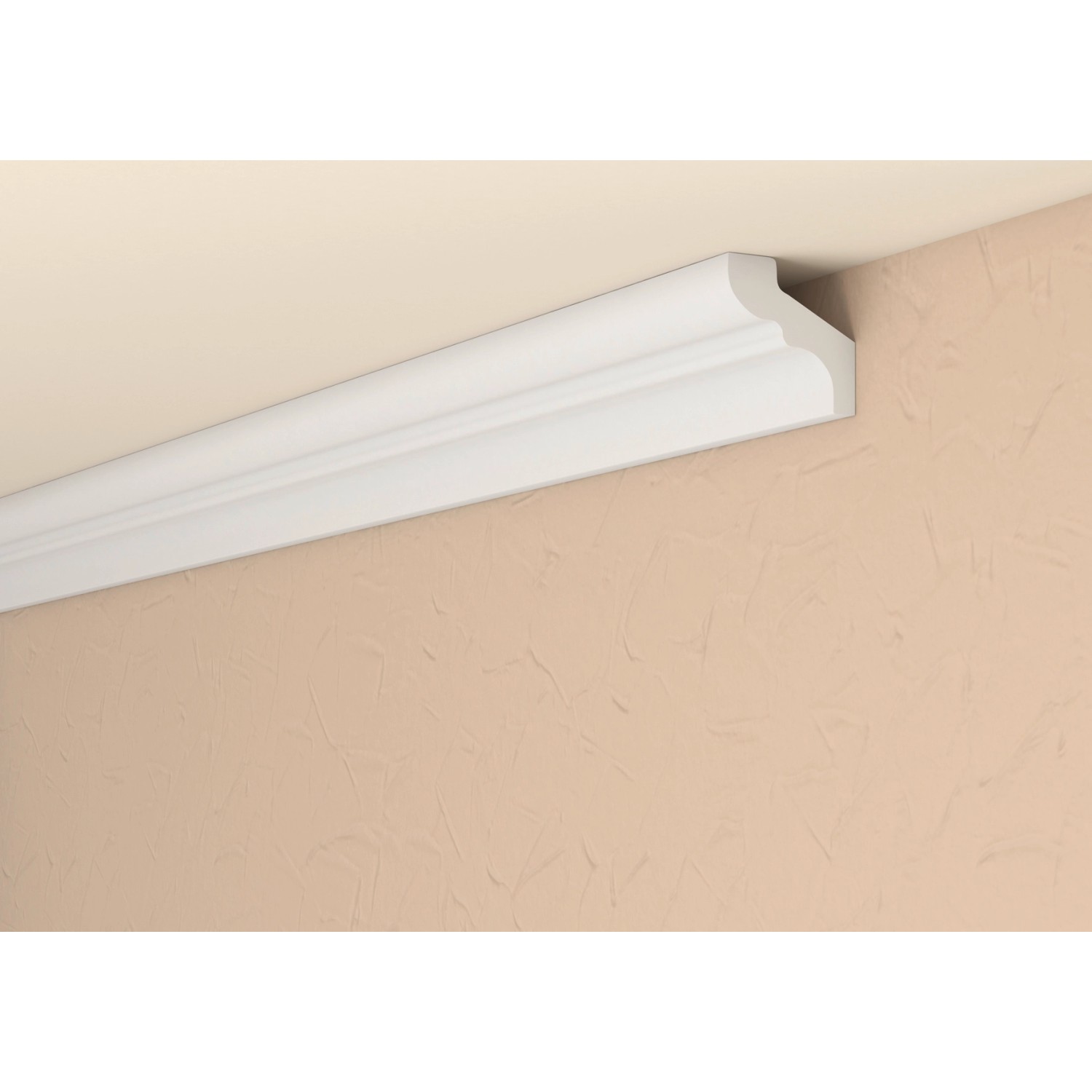 Weißes Decorate Zierprofil KZL03 (1,5 m) an der Decke, für stilvolle Raumgestaltung.