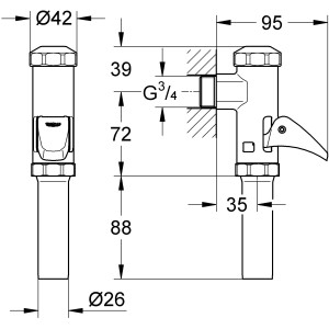 Technische Zeichnung: Grohe QuickFix Start DAL WC-Druckspüler mit Maßen.