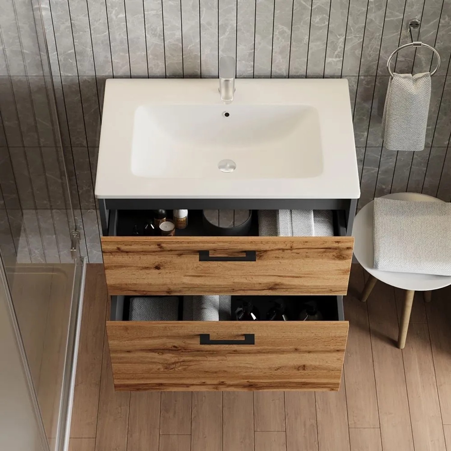 Vicco Badmöbel-Set Lanco in Anthrazit/Goldkraft Eiche mit Waschbecken, offene Schubladen.