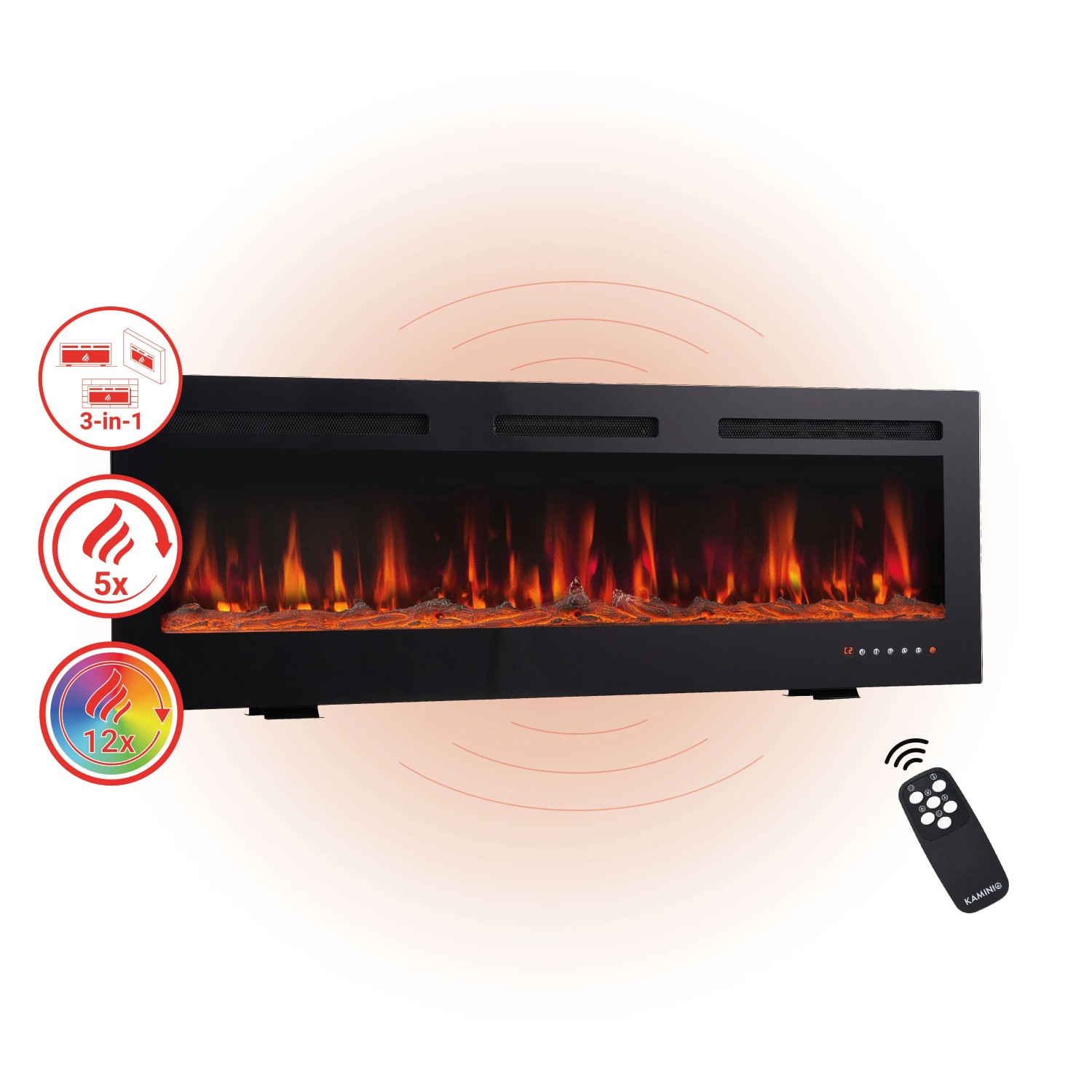 Kaminio Elektrokamin Marlon 3in1, 60 Zoll, mit 3D-Flammeneffekt und Fernbedienung.