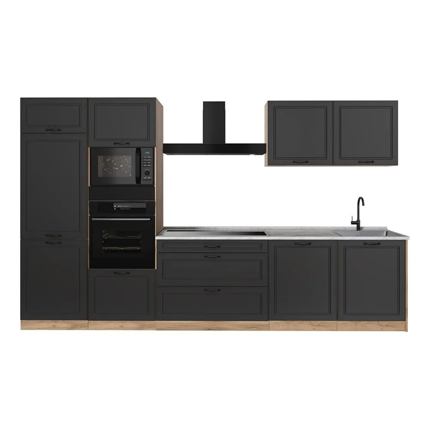 Vicco Küchenzeile R-Line Anthrazit Landhaus/Goldkraft Eiche 340 x 207 Arbeitsplatte Marmor Art Nr 68056