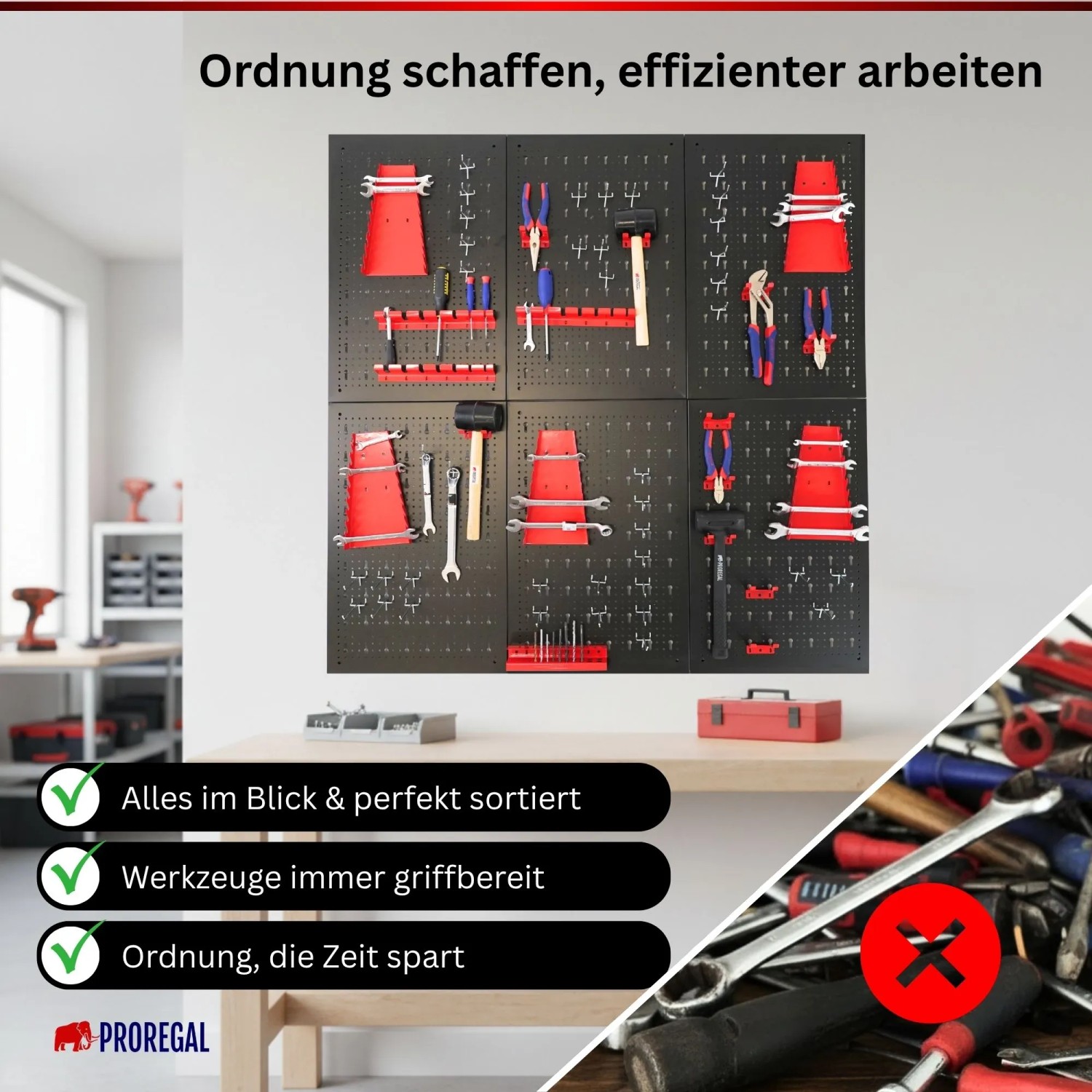 PROREGAL ARES Werkzeug Lochwand Set aus schwarzem Metall mit roten Haltern, voll bestückt mit Werkzeugen in einer Werkstatt.