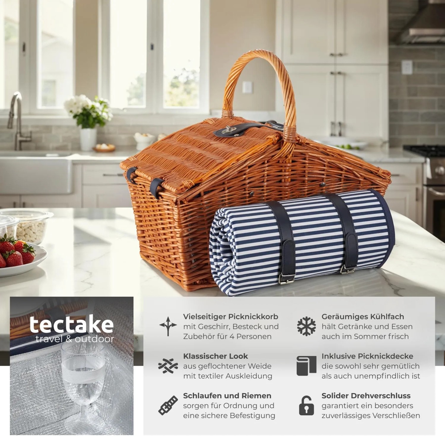 Tectake Picknickkorb Usedom Für 4 Personen  Mit Picknickdecke Integriertes Kühlfach  30 x 46 x 43 50 cm Braun_2