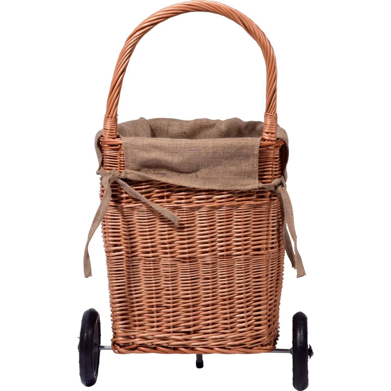 Kaminholzwagen aus Weide mit Rädern und Jute-Auskleidung für Kaminholz Zubehör.