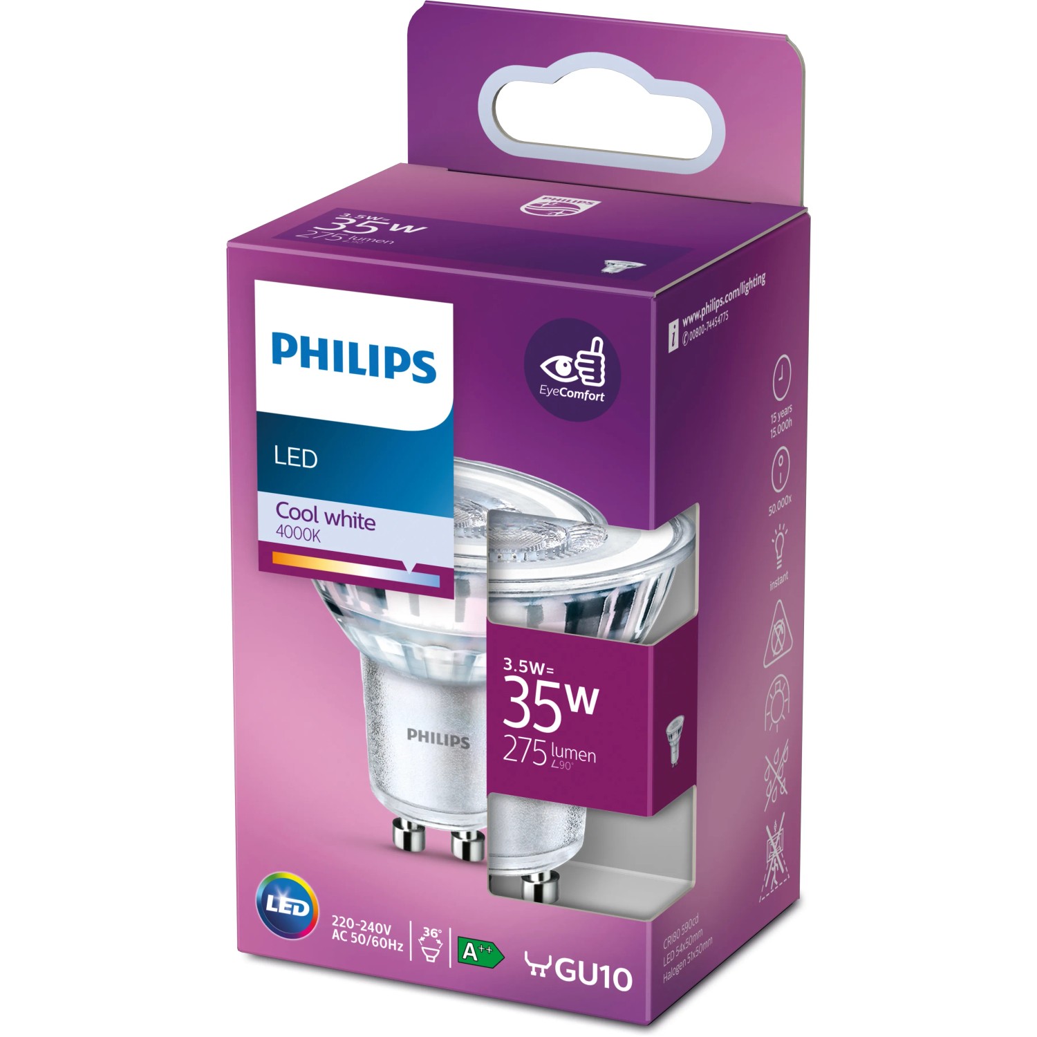 Philips LED GU10 Leuchtmittel, 3,5W, Neutralweiß, in Verpackung.