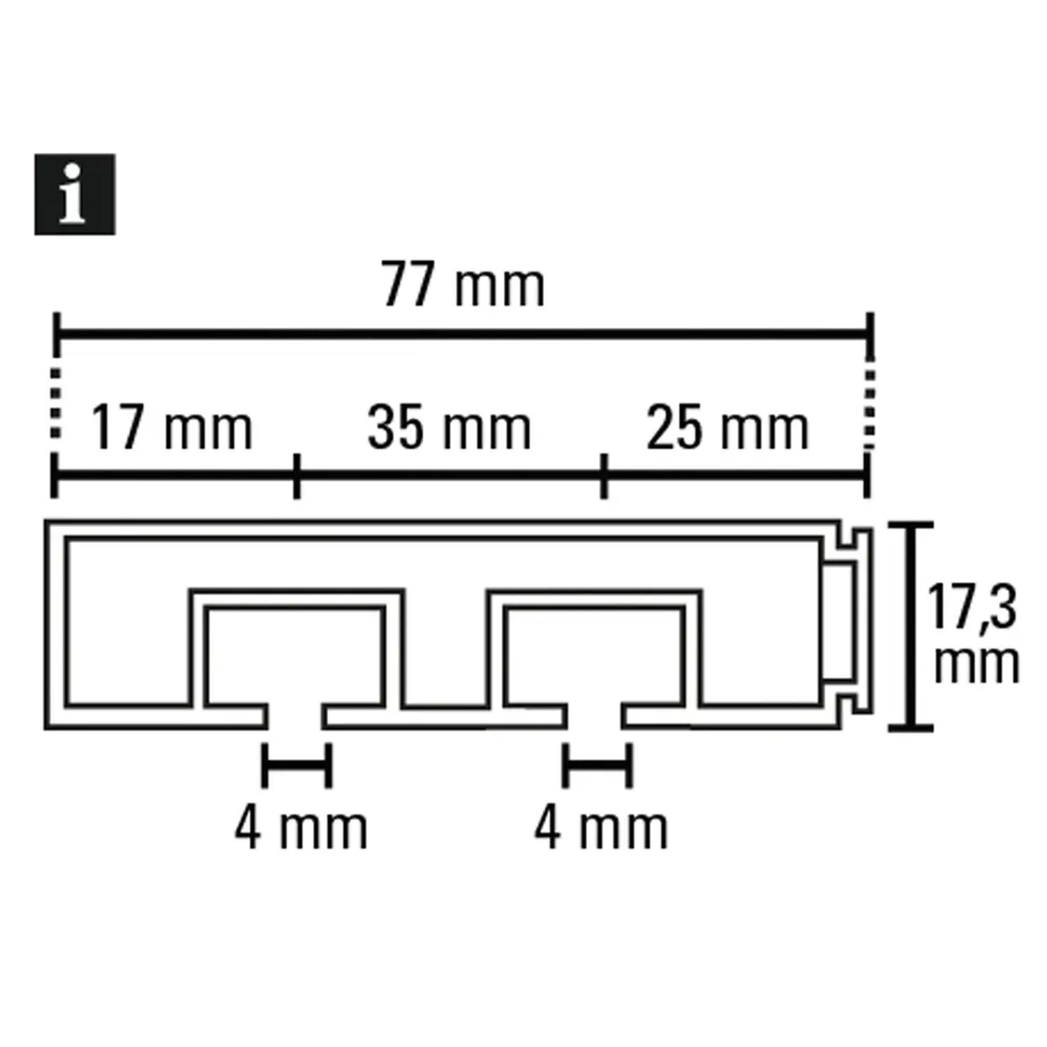 Technische Zeichnung Gardinia Vorhangschiene GE2, 2-läufig, weiß, mit Maßangaben.