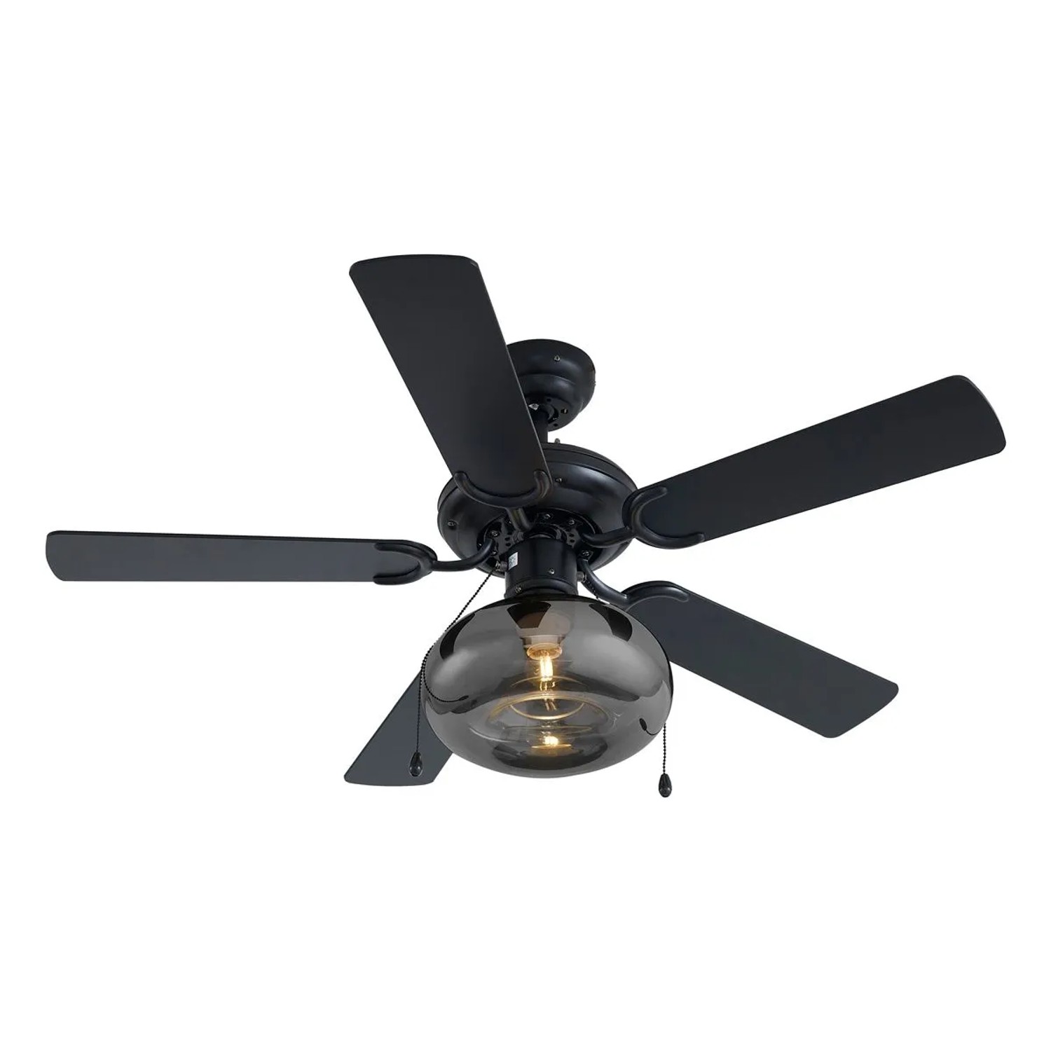 Schwarzer QAZQA Deckenventilator Mistral Busa mit Zugschalter und Lampe.
