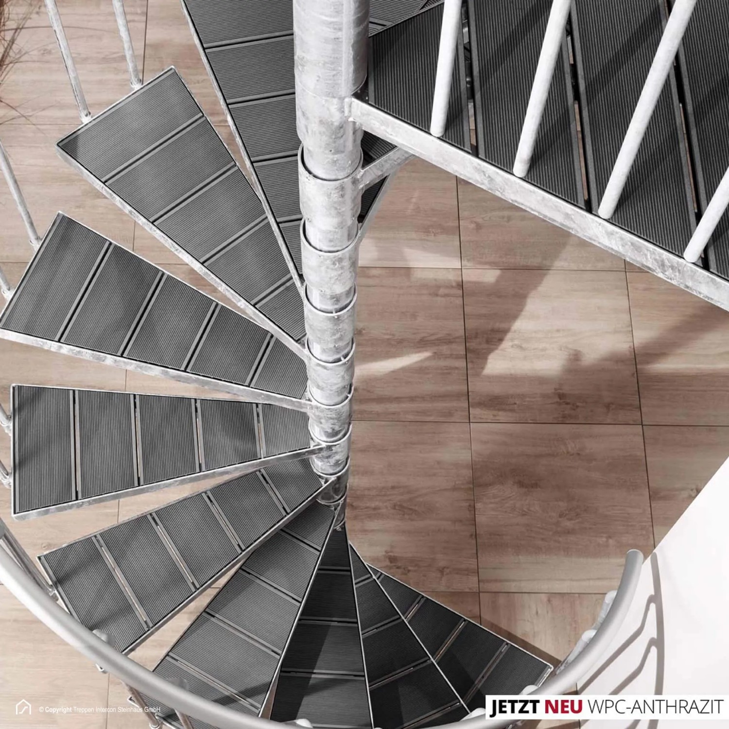 Treppen Intercon Außentreppe K2 Wendeltreppe Zink WPC Lava-Anthrazit Mit 14 Stufen + Podest Durchmesser 160 cm