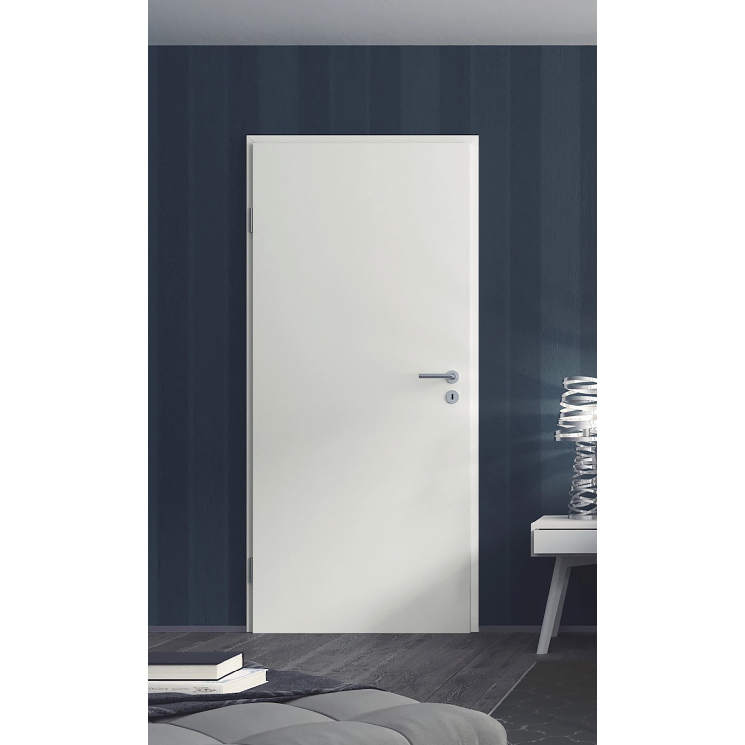 Weiße Zimmertür (Anschlag links) mit CPL-Oberfläche, ähnlich RAL 9016, für modernes Wohnambiente.