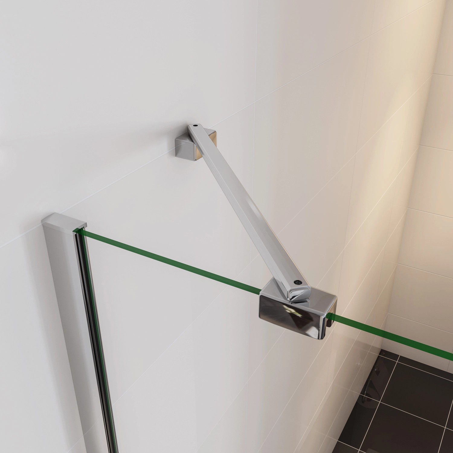 Detailaufnahme Eckeinstieg Duschkabine mit Schwingtür und Seitenwand, Chrom-Optik.