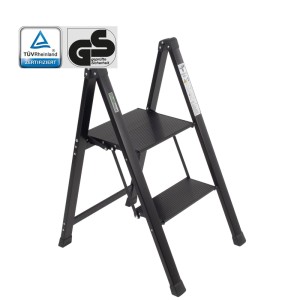 TRUTZHOLM Trittleiter 2 Stufig Klappbar bis 150 kg Alu Anti Rutsch Trittflächen TÜV GS Schwarz
