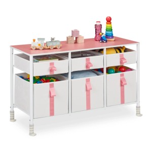 Relaxdays Kinderkommode Stahl Weiß Rosa 6 Schubladen Höhenverstellbar 61,5 cm x 100 cm x 40,5 cm 11,2 kg