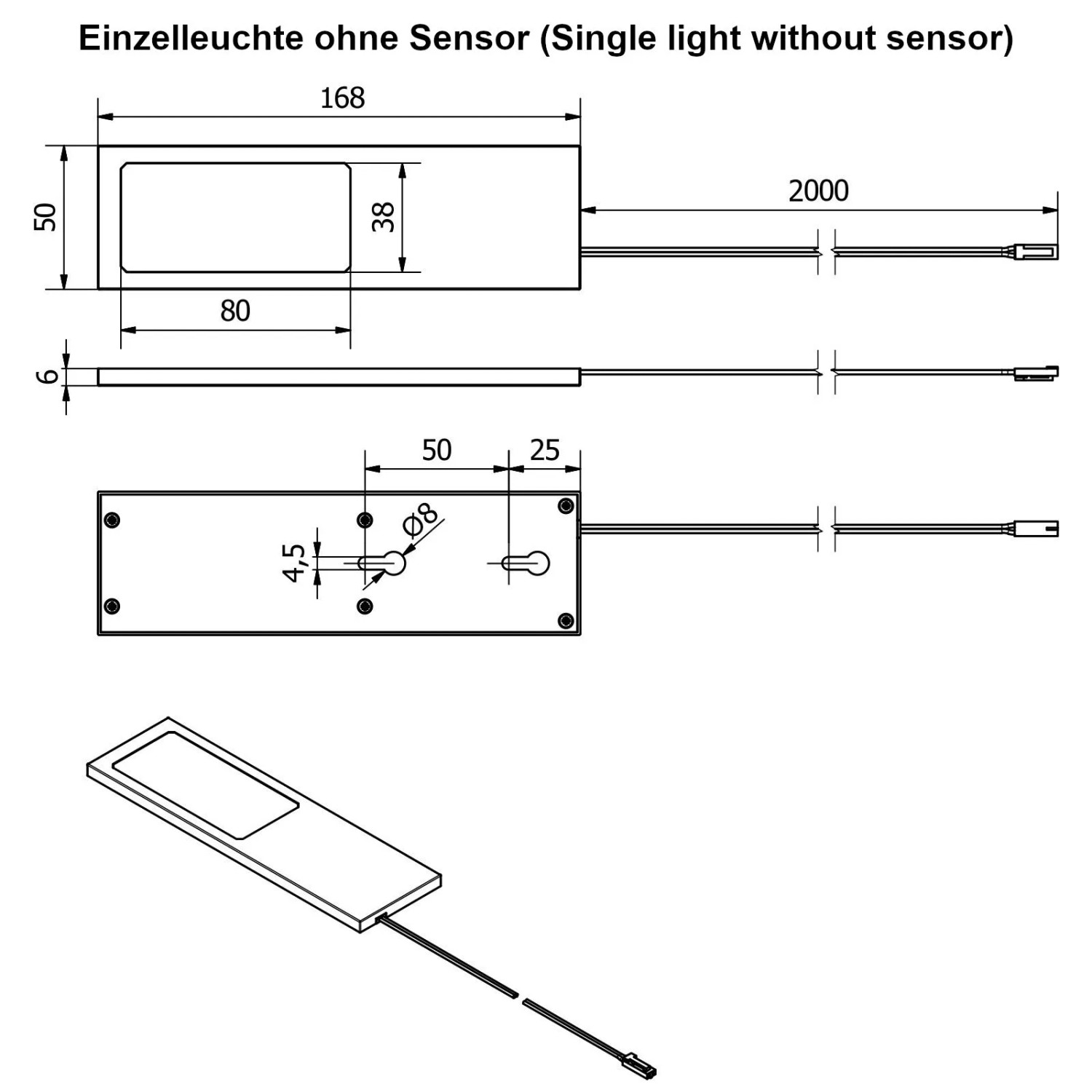 Technische Zeichnung der flachen SOTECH LED Unterbauleuchte Giulia II ohne Sensor, silbergrau, mit Abmessungen.