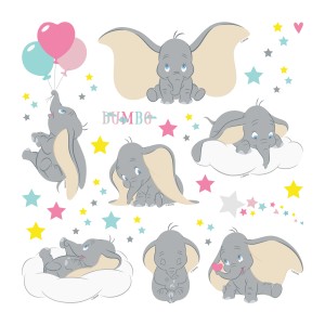 Disney Wandtattoo mit Dumbo Motiven in Grau, Rosa und Gelb, 30x30 cm.