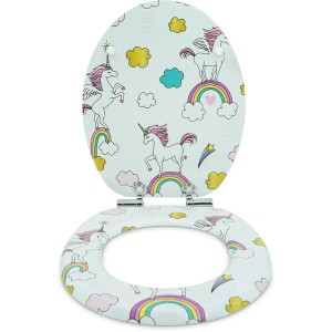 Sanfino WC-Sitz Unicorns: Toilettendeckel mit Absenkautomatik, Holz, Einhorn-Motiv.