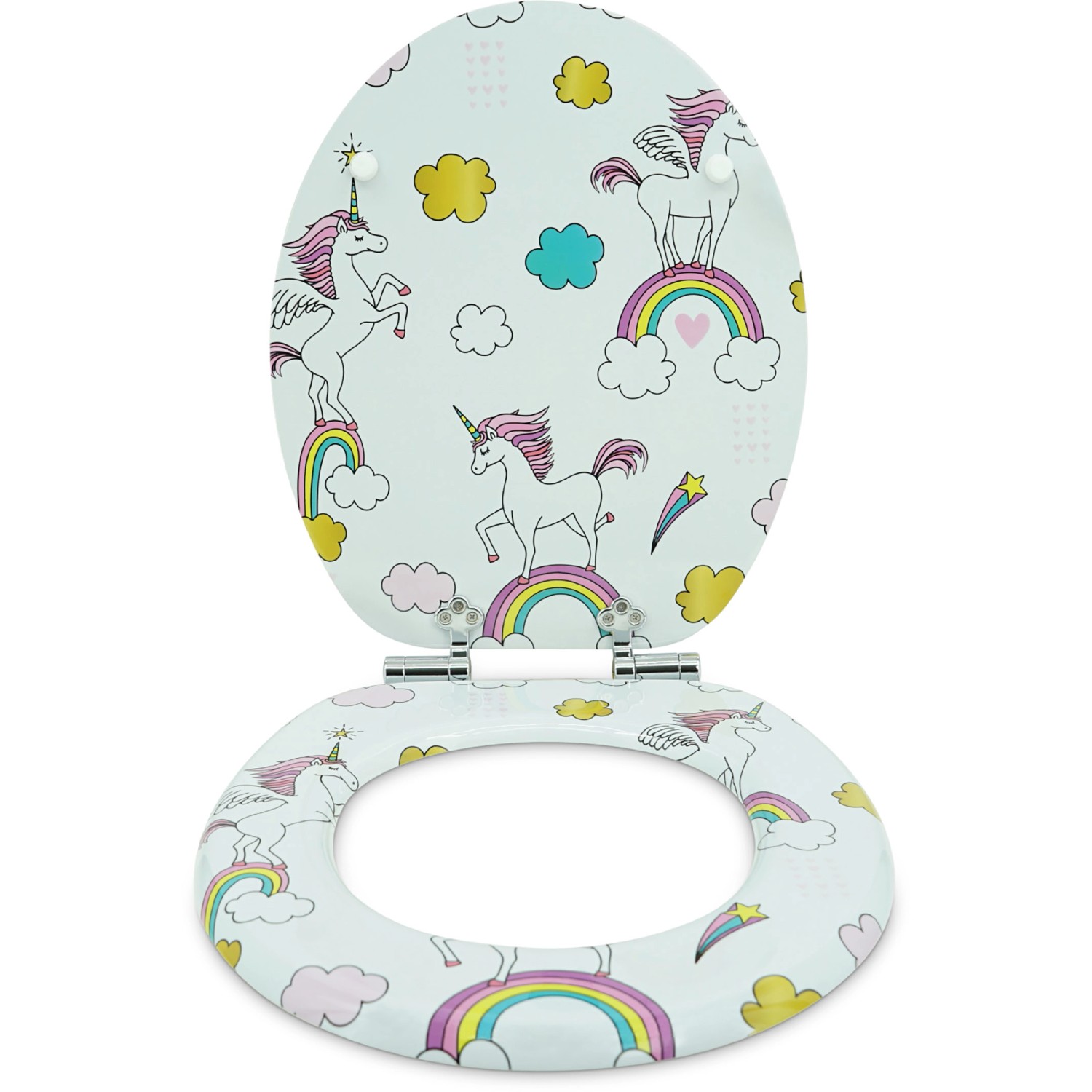 Sanfino WC-Sitz Unicorns: Toilettendeckel mit Absenkautomatik, Holz, Einhorn-Motiv.