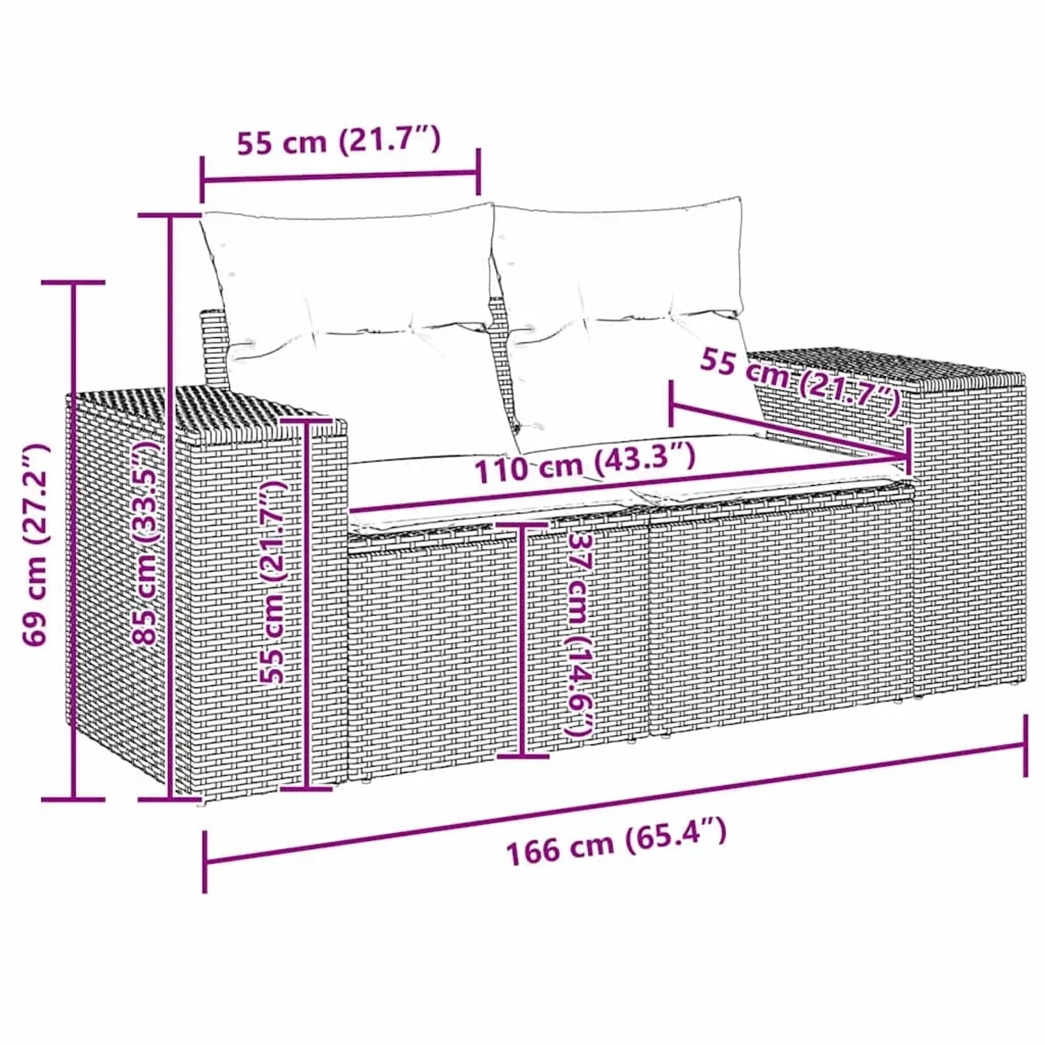Beiges 9-teiliges Garten-Sofa-Set aus Polyrattan von vidaXL, Abmessungen sichtbar.