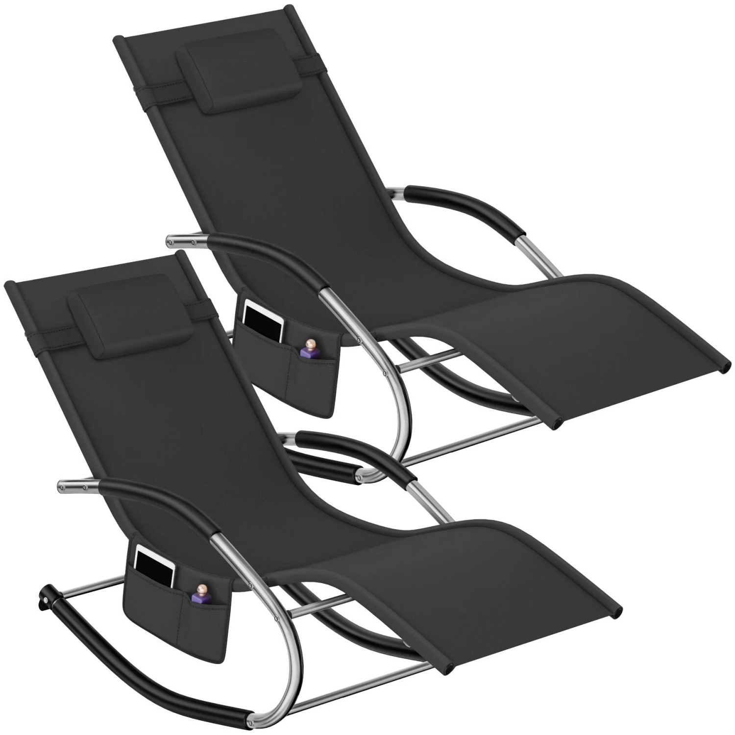 Tectake Gartenliege Taya Ergonomisch  Mit Komfort Schwingbewegung Geschwungene Armlehnen Mit Schaumstoffpolsterung 2Er Set 142 x 62 x 92 cm Schwarz