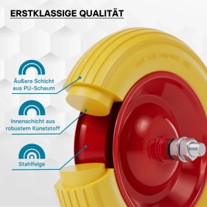 Schnittansicht des Wiltec Schubkarren PU-Rads 4.00-8 mit gelbem Polyurethan-Reifen und roter Stahlfelge. Pannensicher.