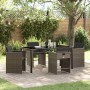 5-teiliges Garten-Ess-Set aus grauem Poly Rattan mit Tisch und Stühlen mit Kissen.
