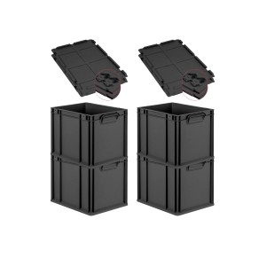 PROREGAL SuperSparSet 4x Eurobox Nextgen Grip Mit Scharnierdeckel Und Schwarzen Verschlüssen HxBxT 32x30x40cm 30 Liter Schwarz Griffe Geschlossen