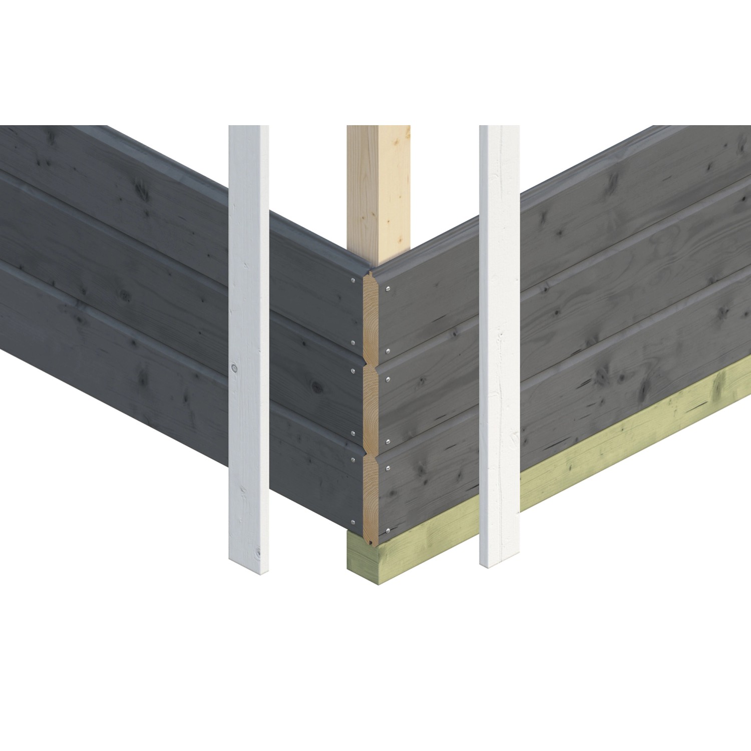 Detailansicht Skan Holz Gartenhaus Dilbeek, schiefergraue Holzwand mit Eckverbindung.
