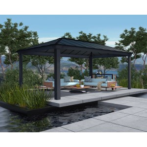 Anthrazitfarbener Palram Canopia Dallas 4.3 x 6.1 Gartenpavillon mit Sitzgruppe und Wasseranlage.