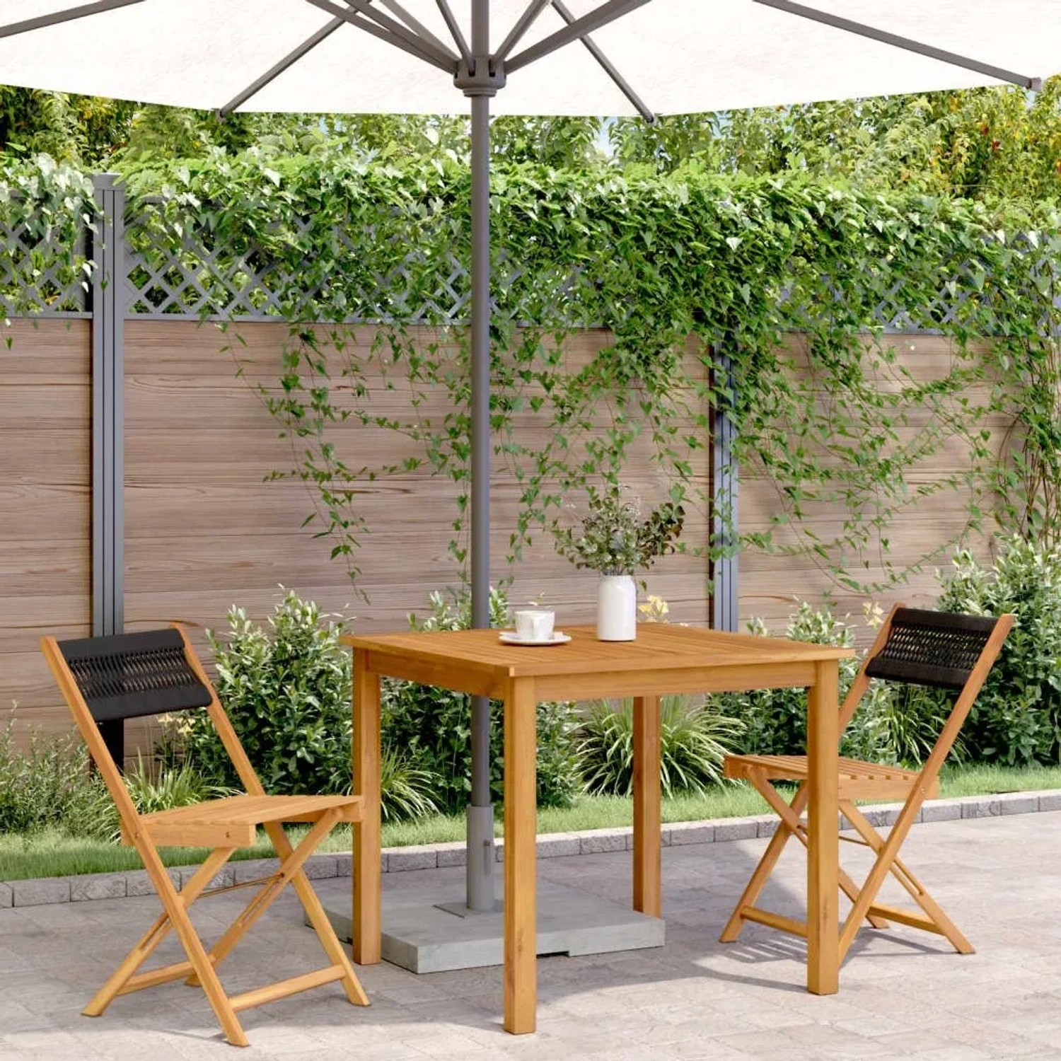 Bistrostühle (2 Stk.) aus Akazienholz mit Kordel, schwarz. Gartenstühle für Terrasse und Balkon.