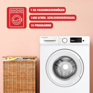 Weiße Telefunken Waschmaschine Frontlader (7kg, 1400 U/Min) neben Wäschekorb.
